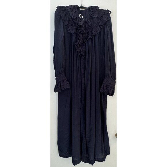 Nikki Chasin Small Sonnet Dress Ruffle Collar Cuff Eyelet Button Maxi Silky Navy - Picture 8 of 15